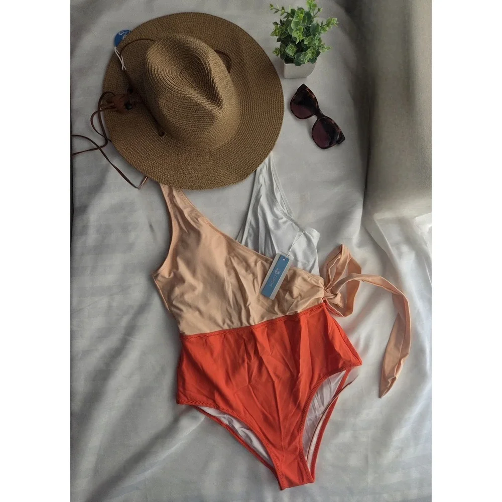 Cupshe Women Colorblock Wrap One Piece Swimsuit Coral Peach White Side Tie‎ M
